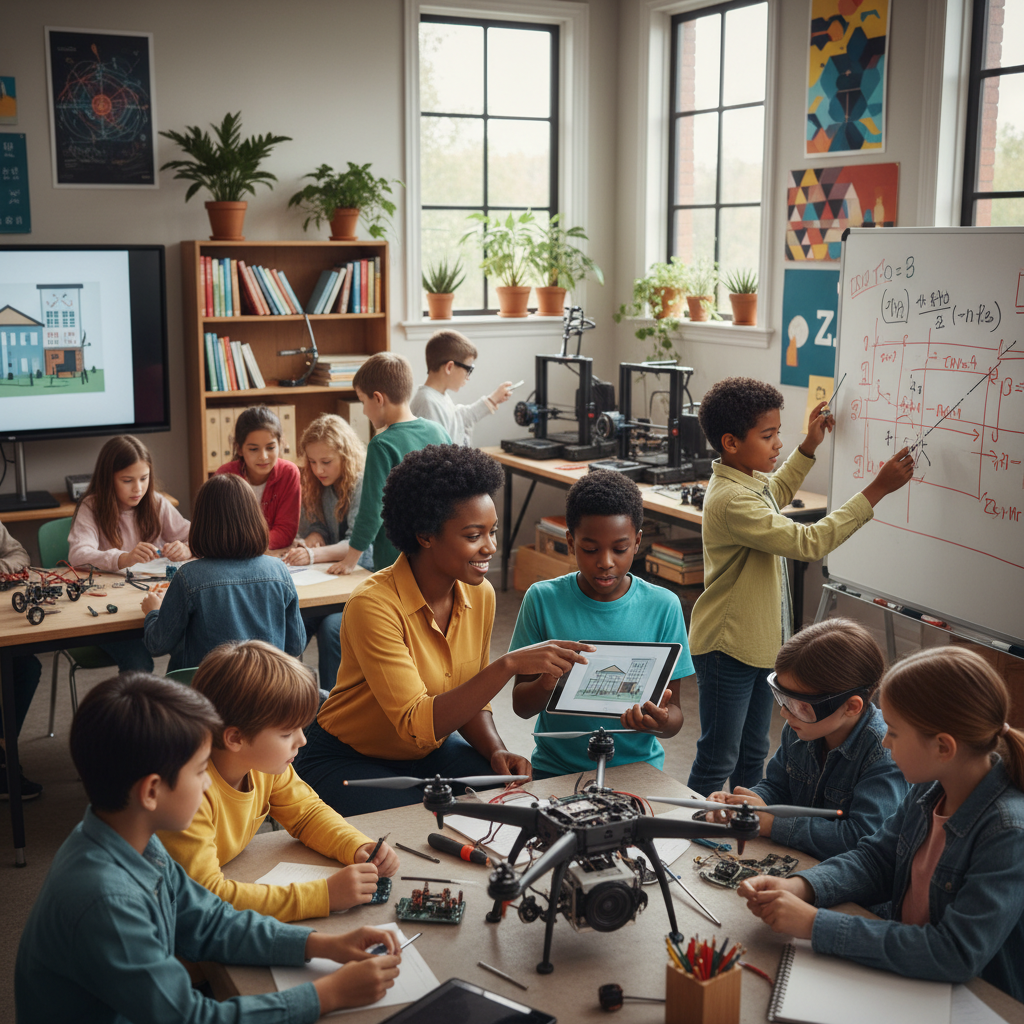Students collaborating in a progressive project-based classroom