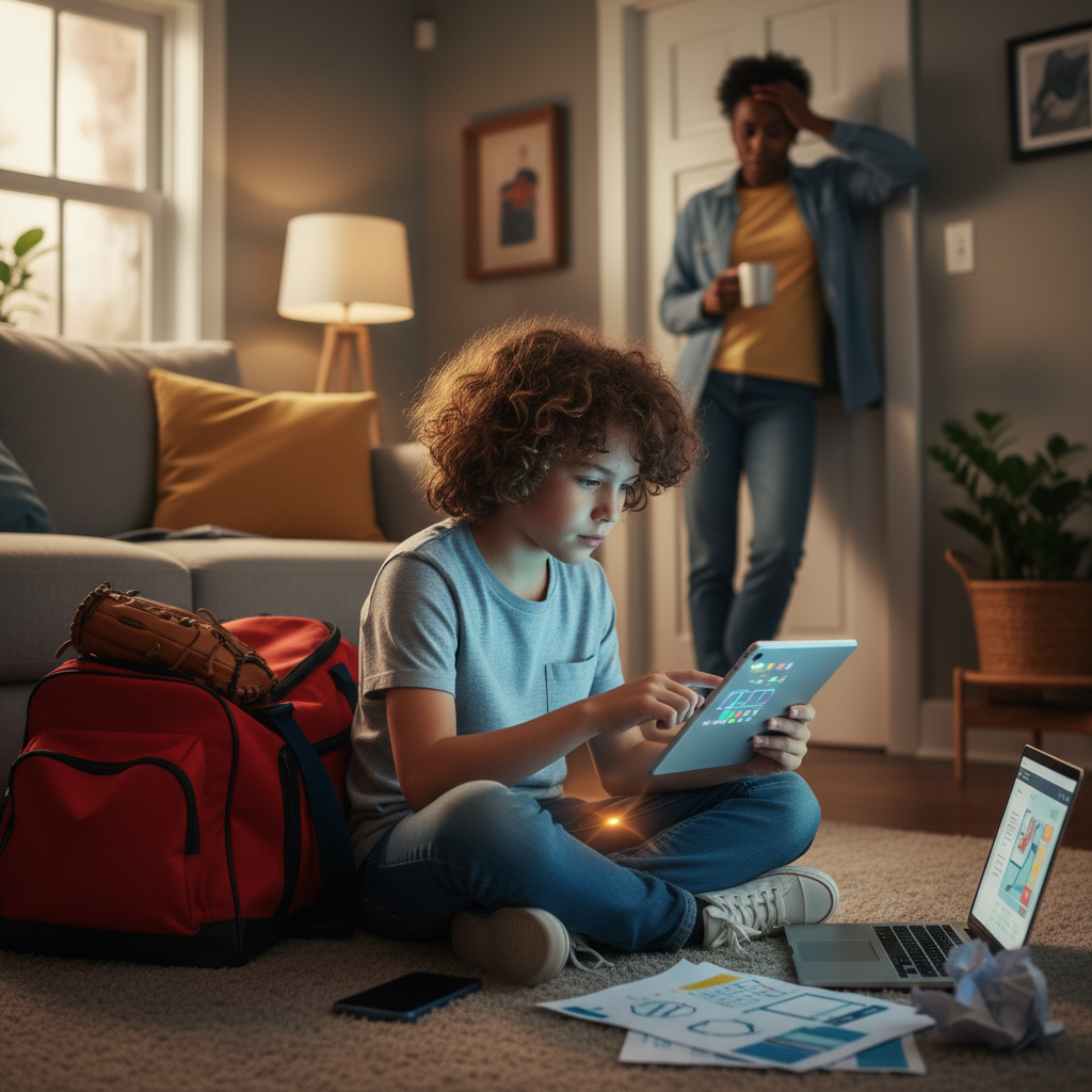 A child surrounded by screens, homework, activities, and parental pressure