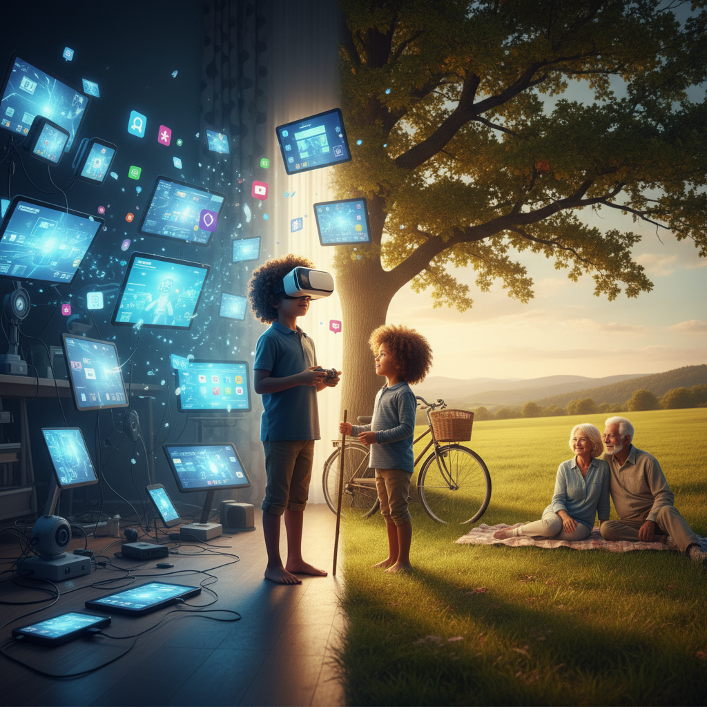 A child looking from a busy digital world toward a quiet outdoor childhood scene