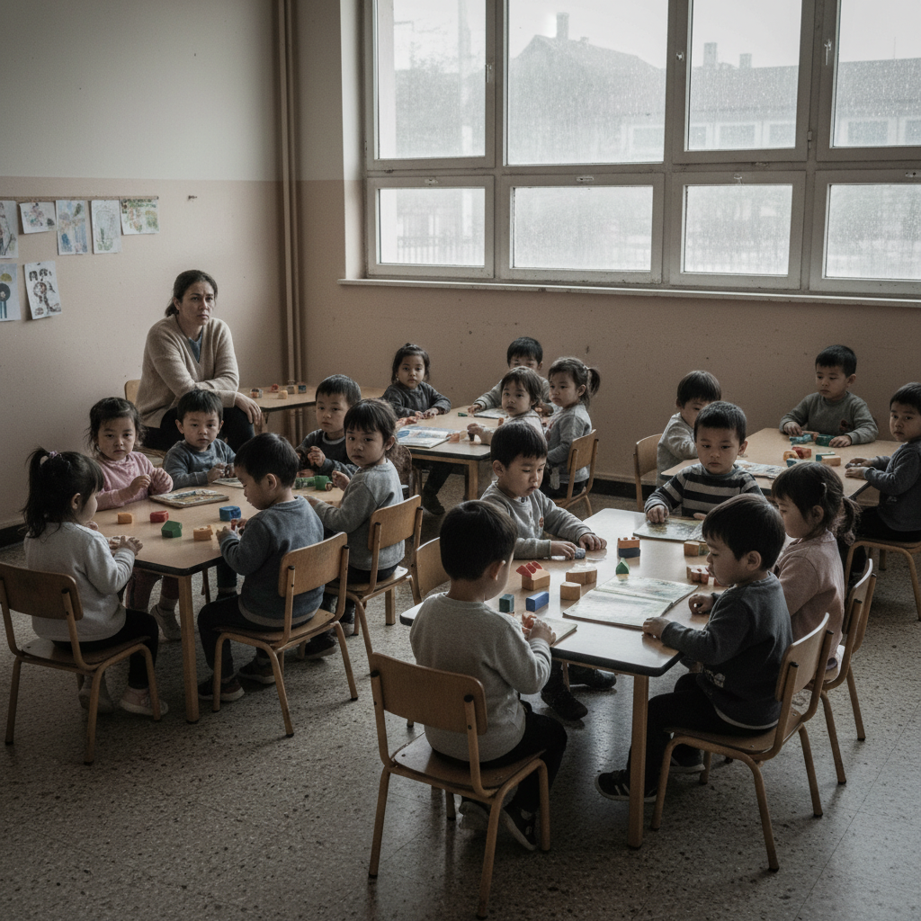 Quiet kindergarten classroom with minimal stimulation and a tired teacher