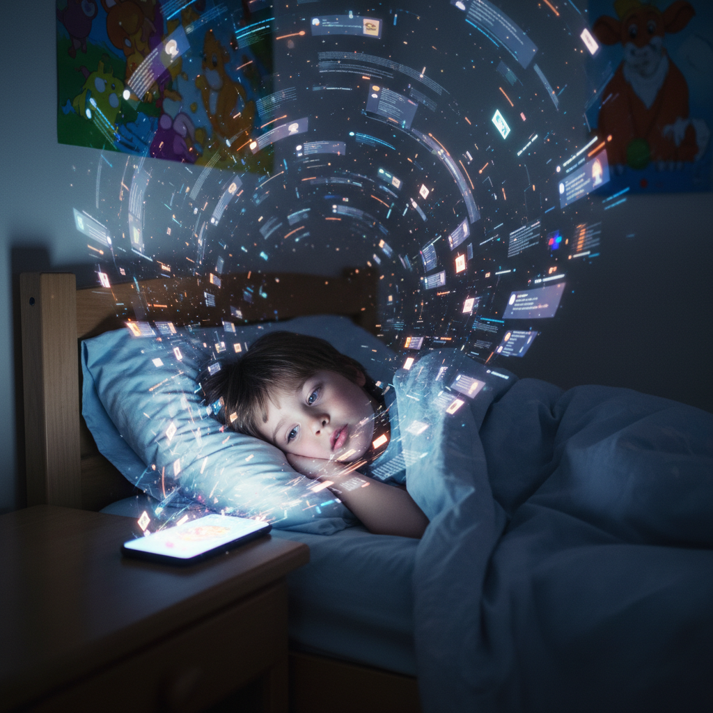 A child surrounded by infinite scroll and notification-like light patterns while trying to sleep