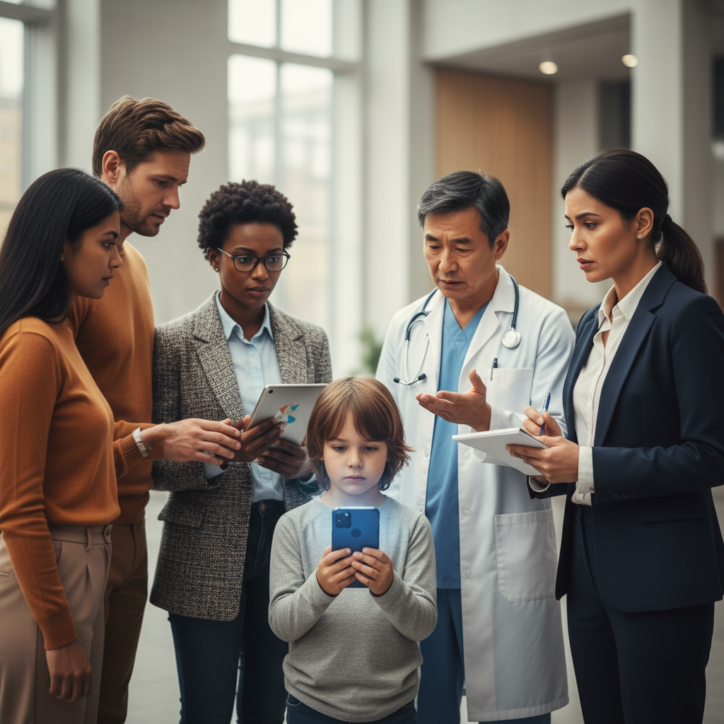 Parents, school, healthcare and policy symbols around a child holding a phone