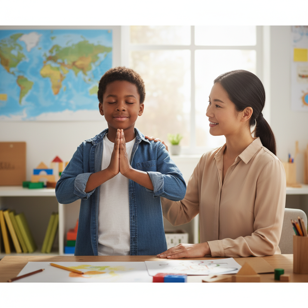 Child using simple regulation tools with calm adult support