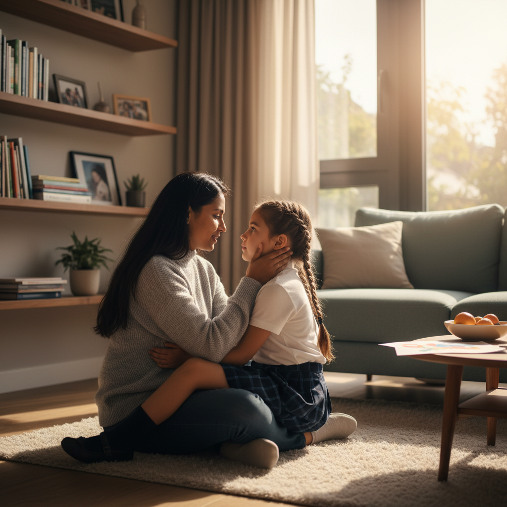 Parent and child talking together after the day