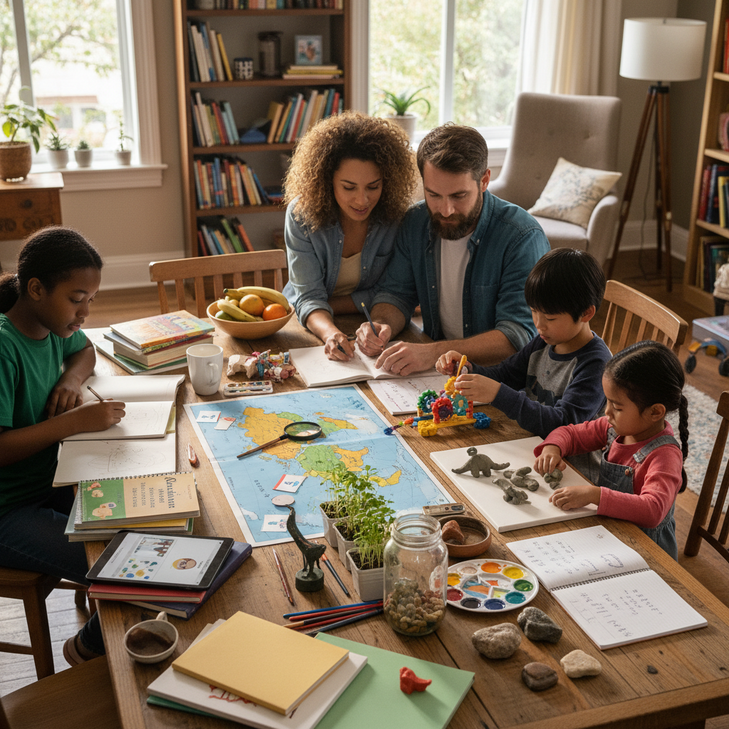 Weekly home learning setup blending structured academics, creativity, and projects