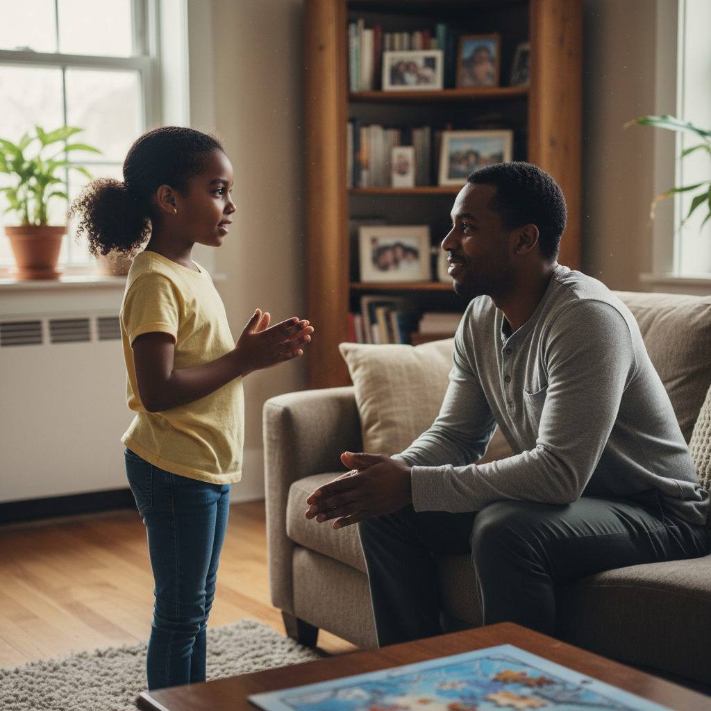 Parent and child practicing calm confident communication at home