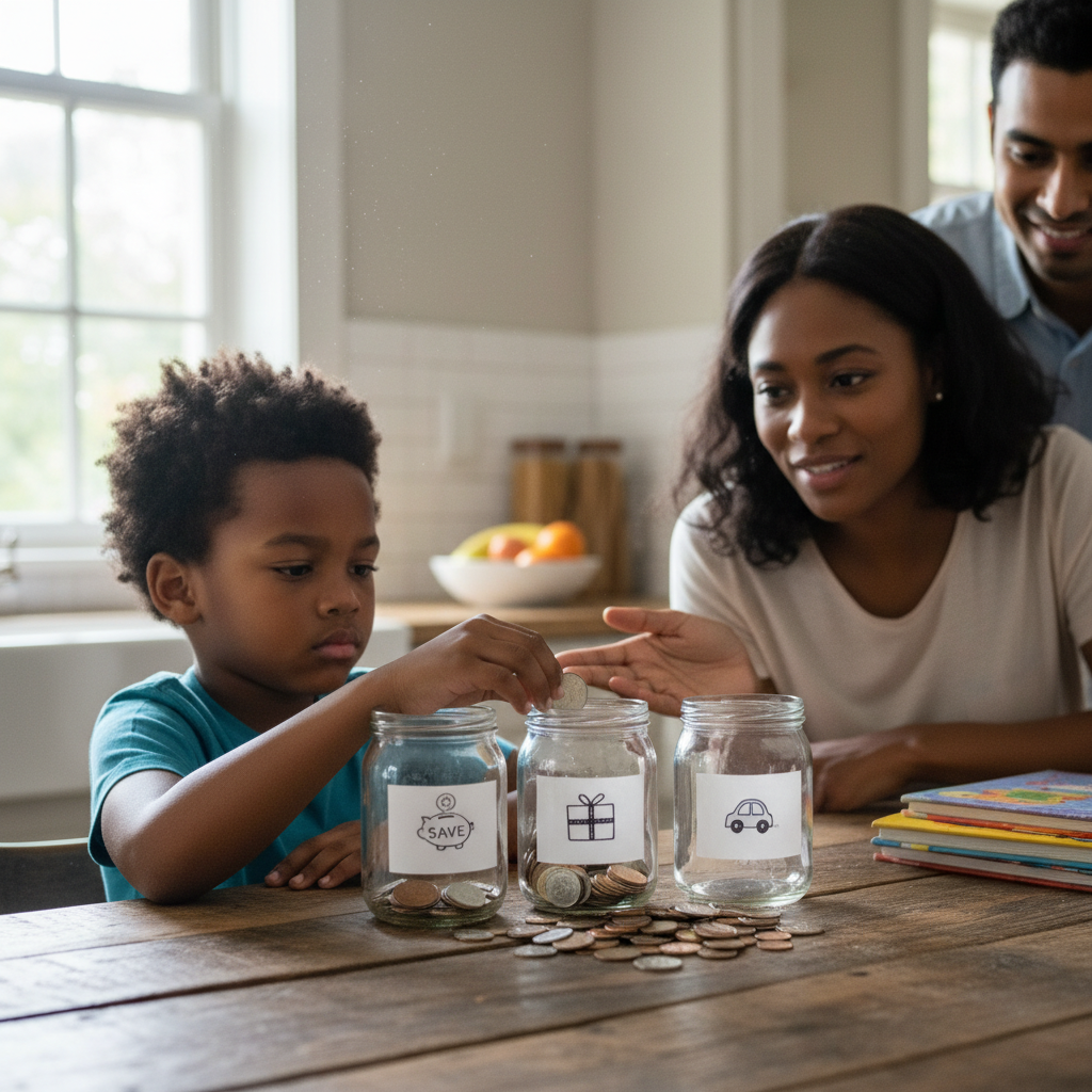 Child learning money responsibility at home with parent nearby