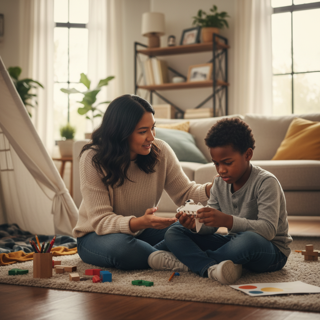 Parent coaching child through frustration and accountability at home