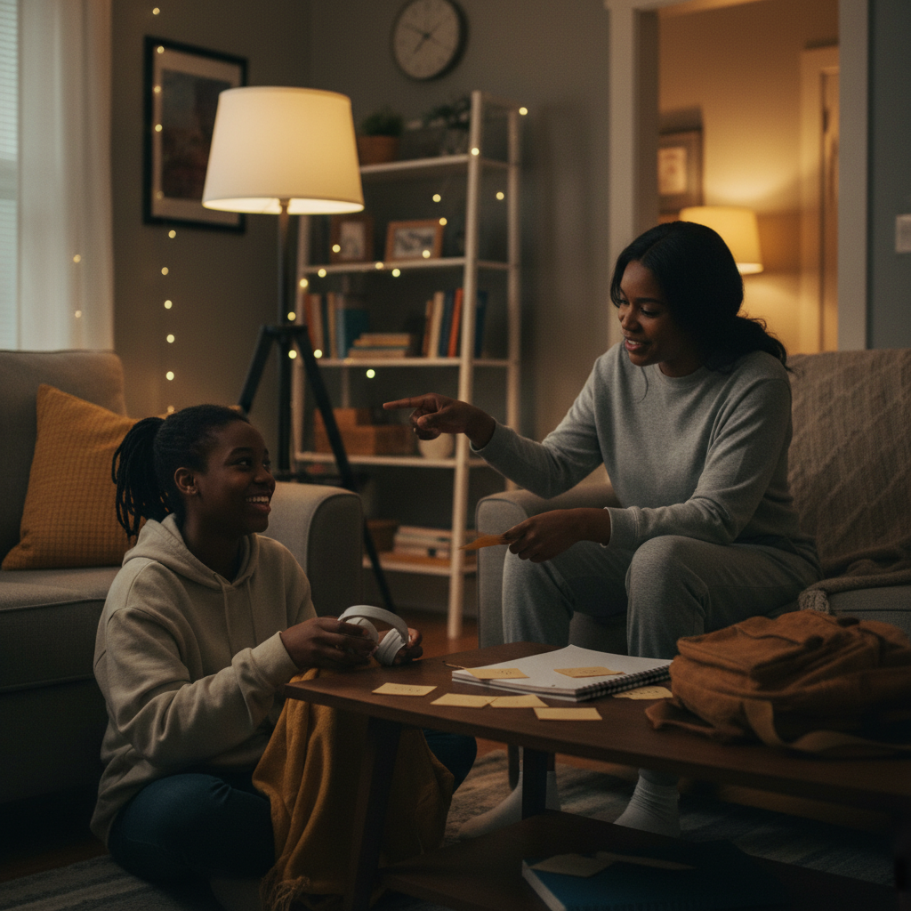 Teenager and parent doing a casual scavenger hunt with personal objects