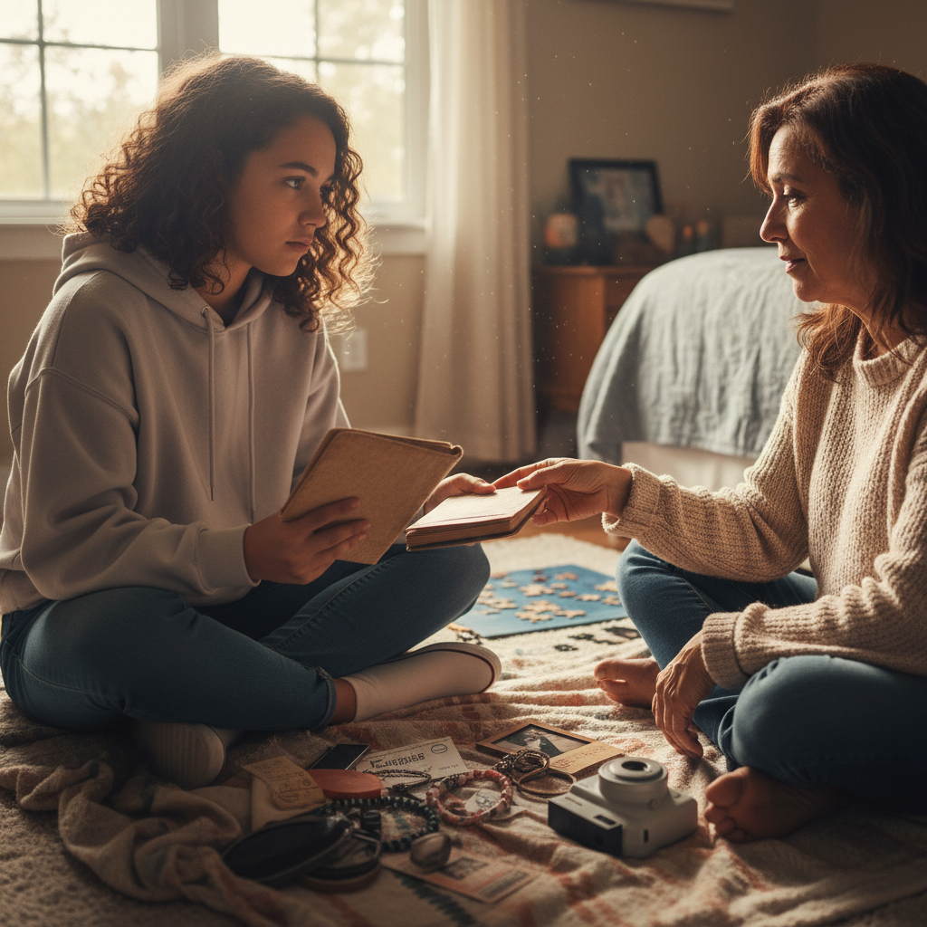 Teen sharing personal items with a parent in a calm honest moment