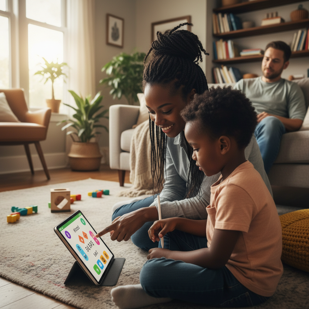 Child doing structured reading practice on a tablet with parent nearby