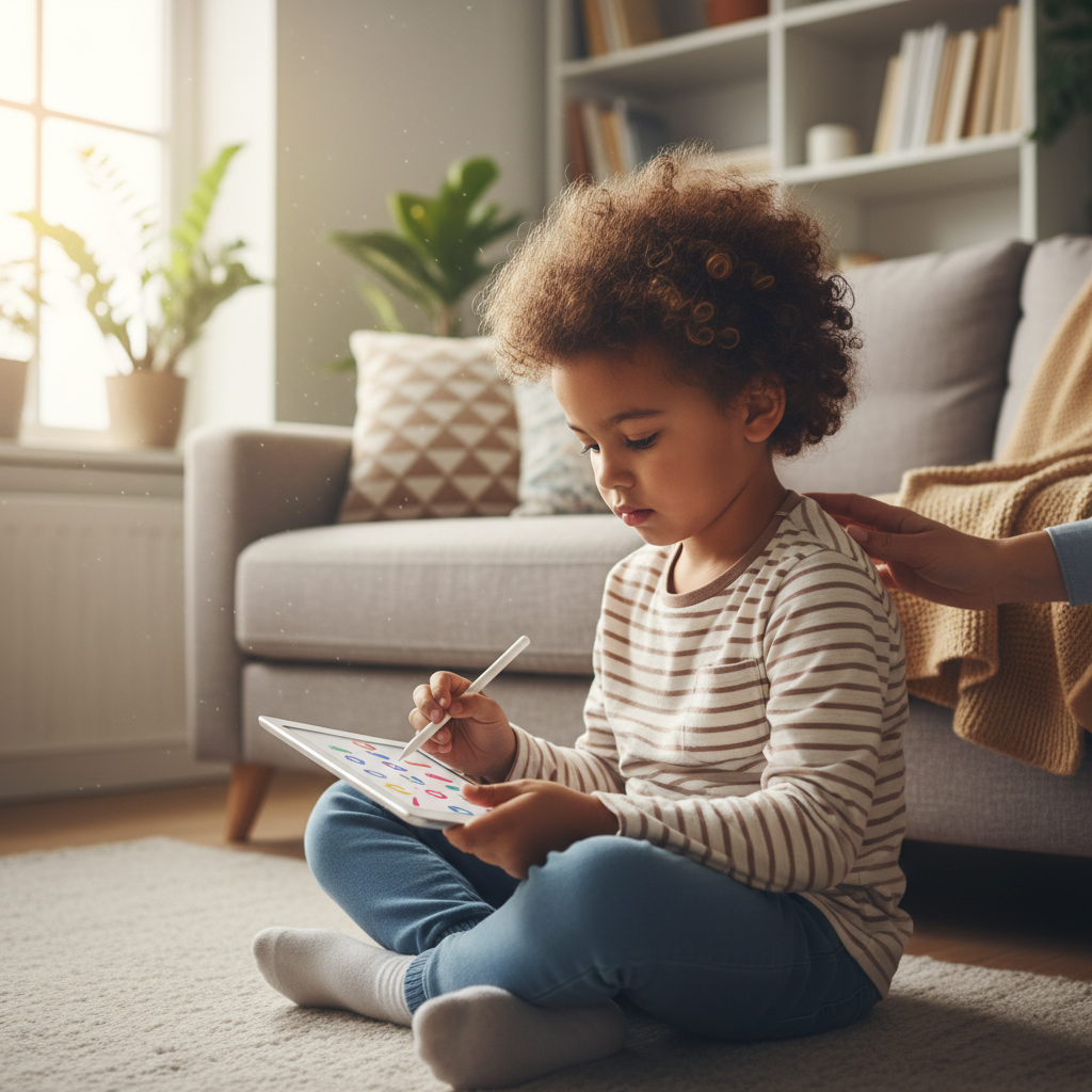 Child confidently doing maths practice on a tablet