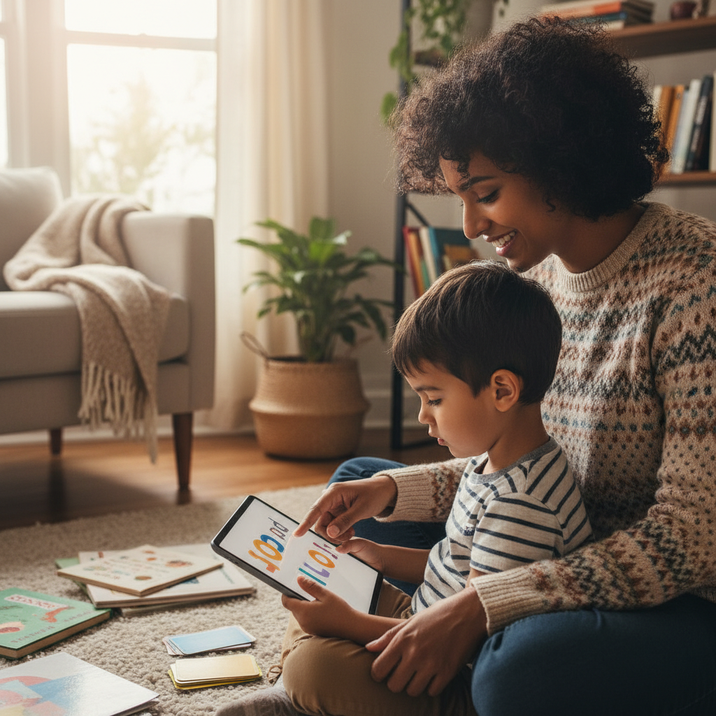 Parent guiding child through phonics practice on a tablet