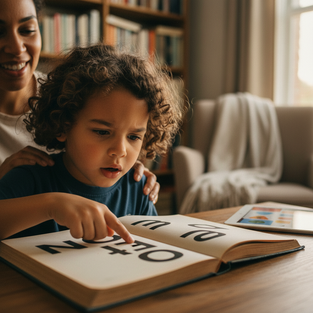 Child sounding out words from a printed book after tablet practice