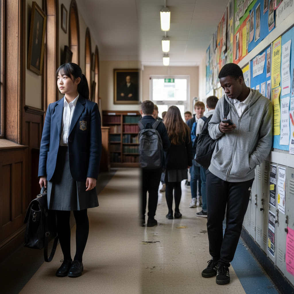 Two pupils from different school backgrounds standing in contrasting corridors