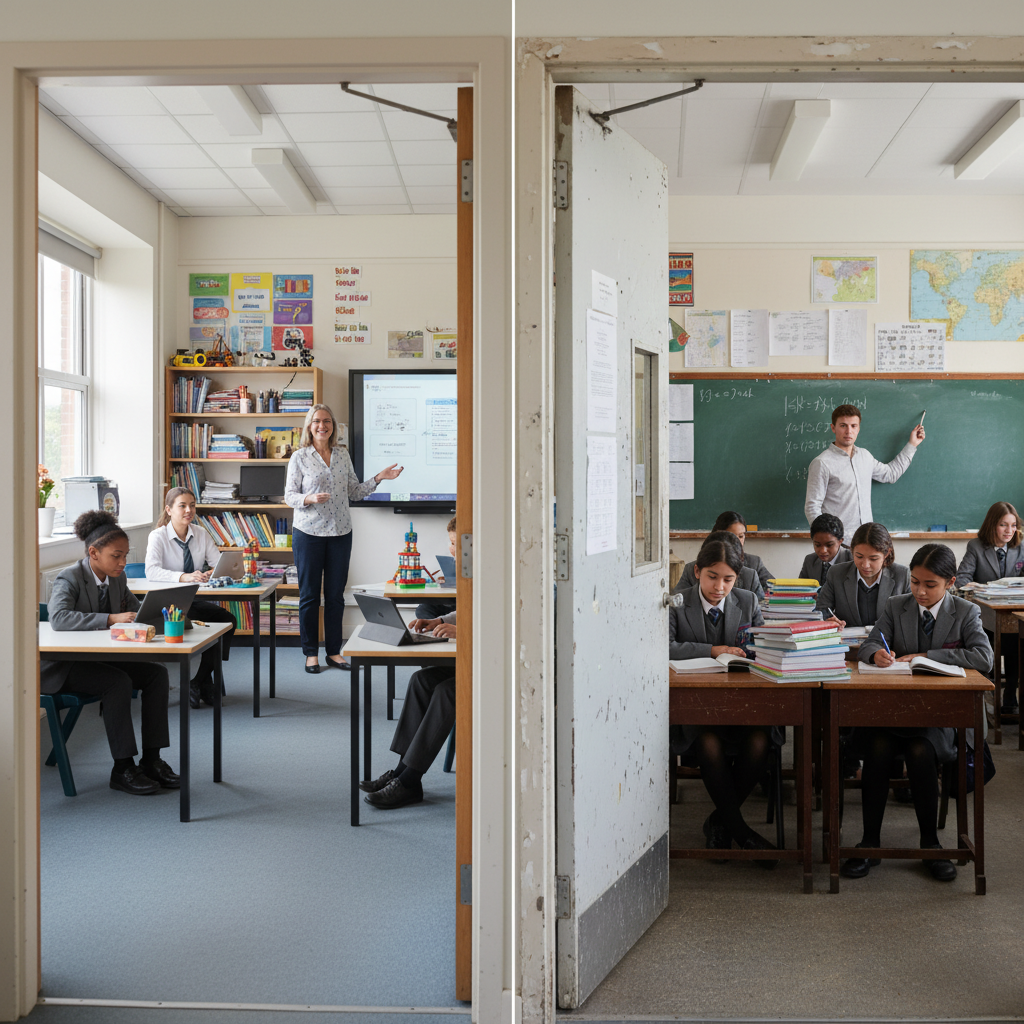 A British classroom doorway showing pupils entering different educational worlds