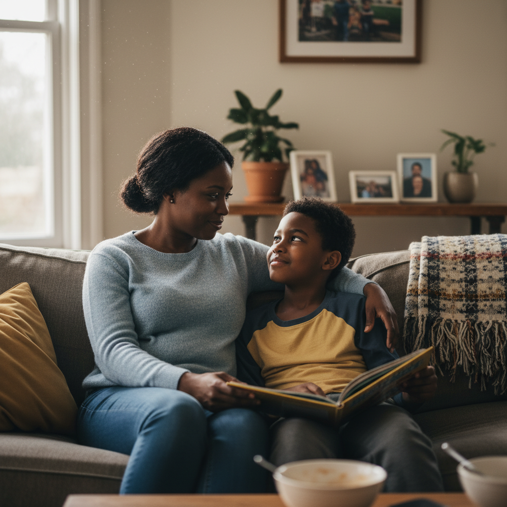 Parent and child sitting together calmly
