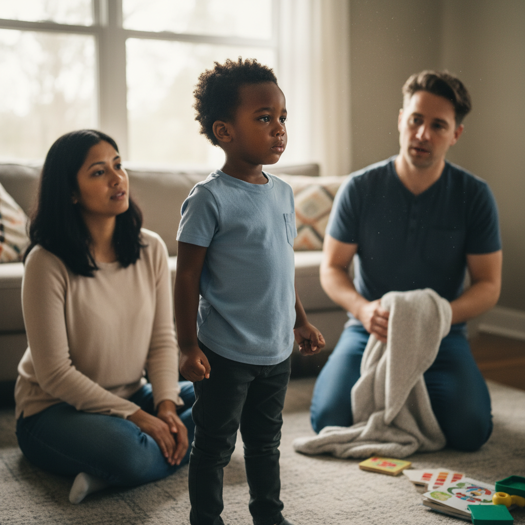 Child experiencing anxious overwhelm while adult offers gentle regulation support