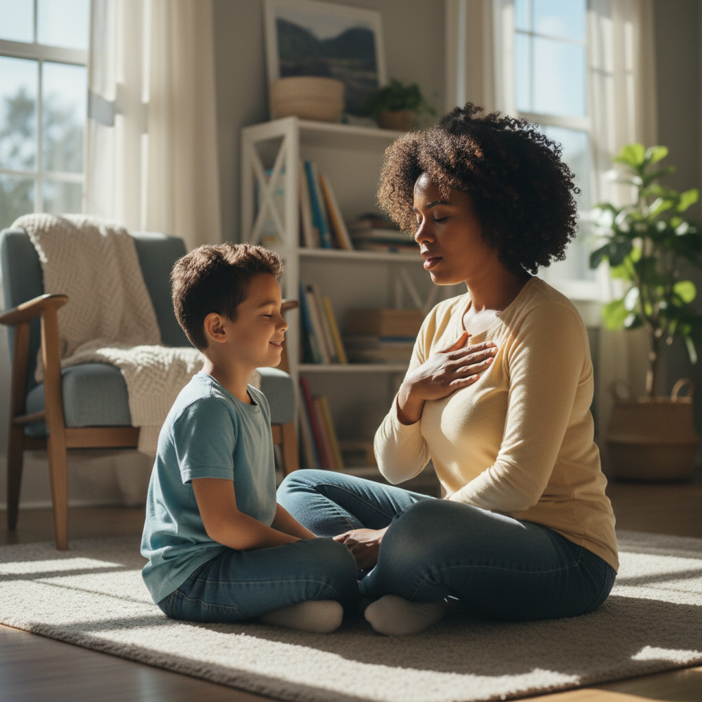 Parent teaching child simple nervous-system regulation and calm breathing