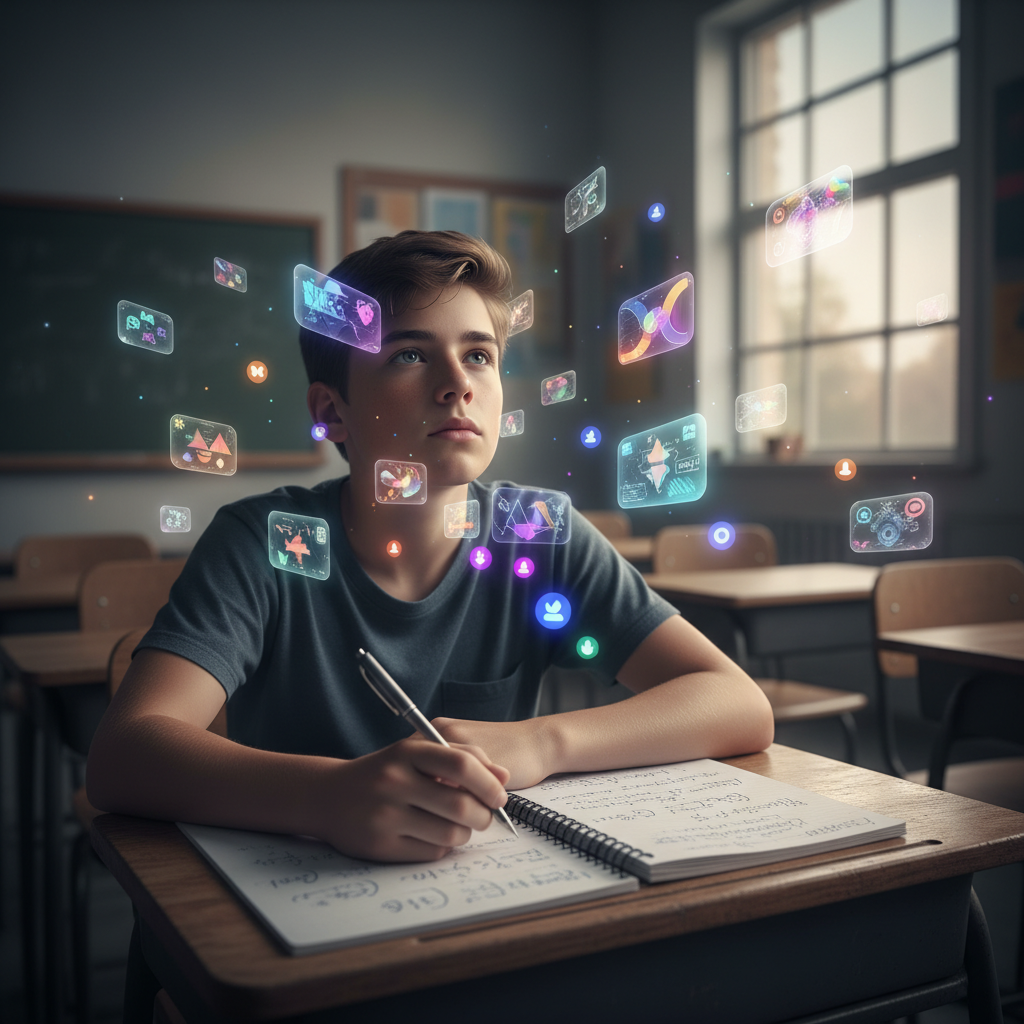 A student surrounded by recommended video thumbnails and classroom notes competing for attention