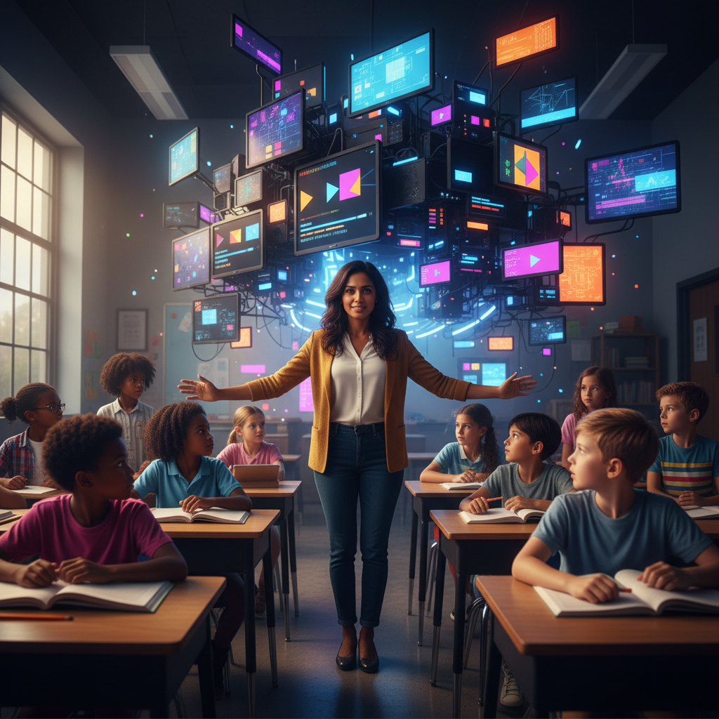 A teacher standing between students and an oversized video recommendation machine