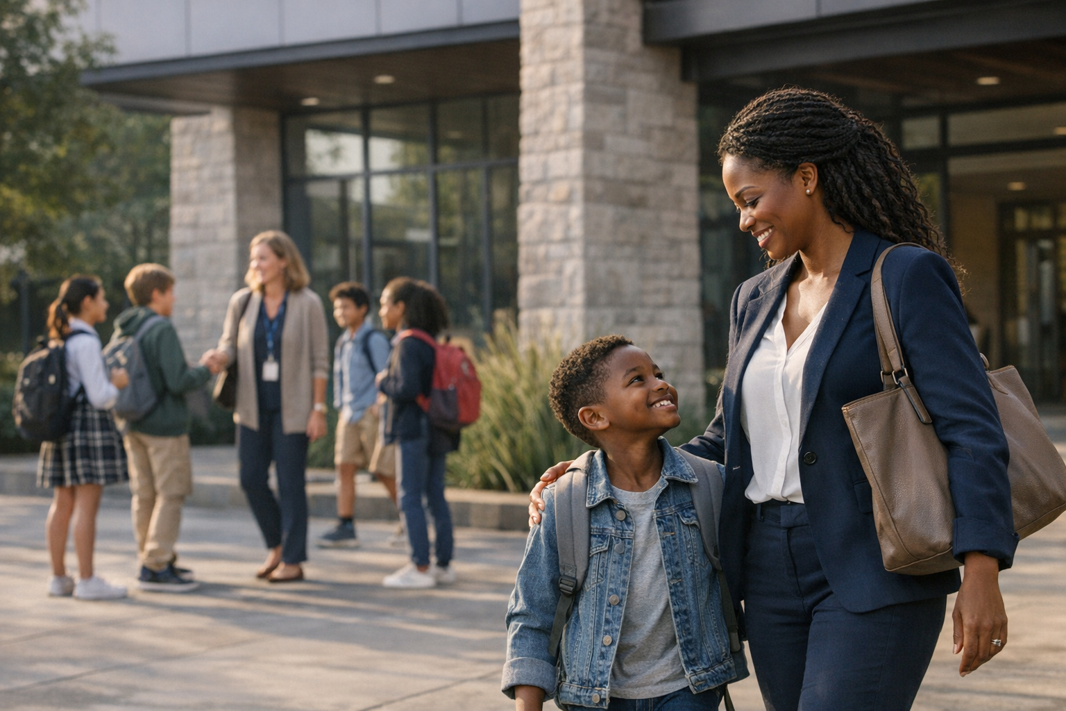 Black parent arriving at school with child while students and a teacher greet them outside a modern campus